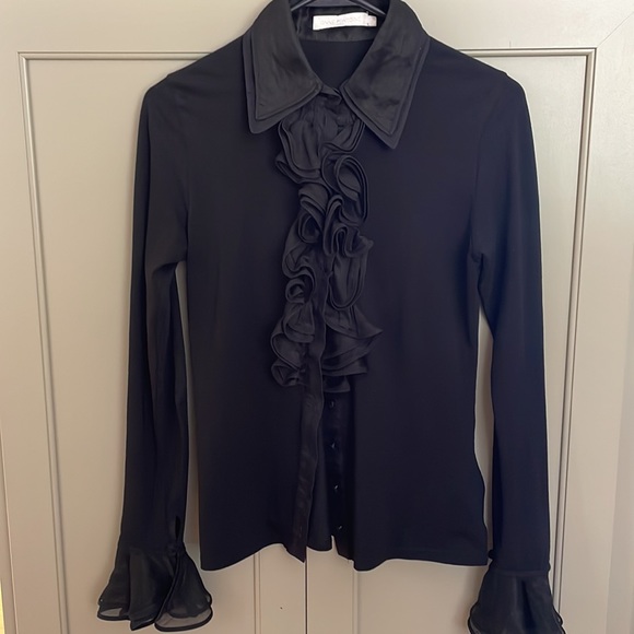 ANNE FONTAINE Patsy Shirt Black Jersey with Bell-Sleeve Ruffle - Picture 3 of 10
